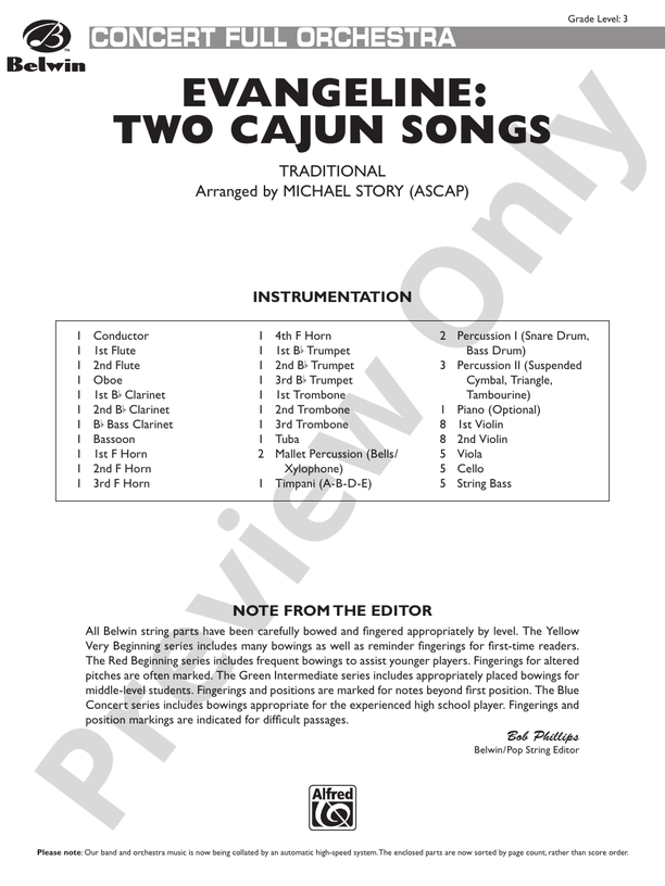 Evangeline Two Cajun Songs Full Orchestra Conductor Score Parts