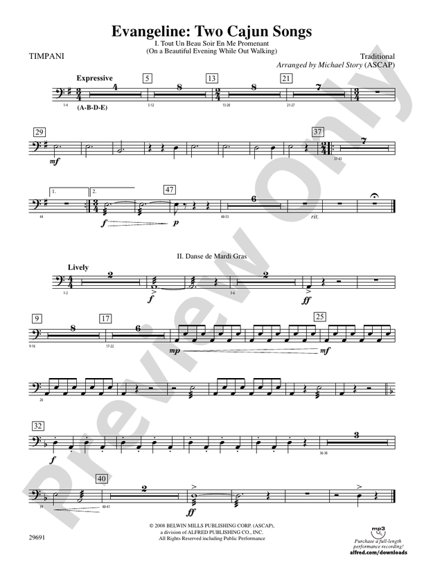 Evangeline Two Cajun Songs Timpani Timpani Part Digital Sheet