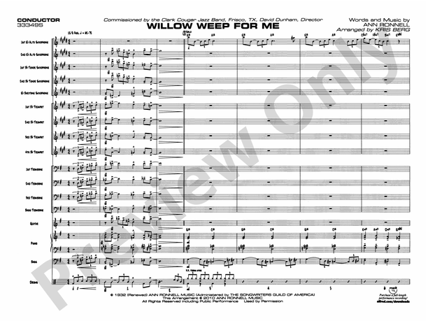 Willow Weep For Me Jazz Ensemble Conductor Score Parts Ann Ronnell