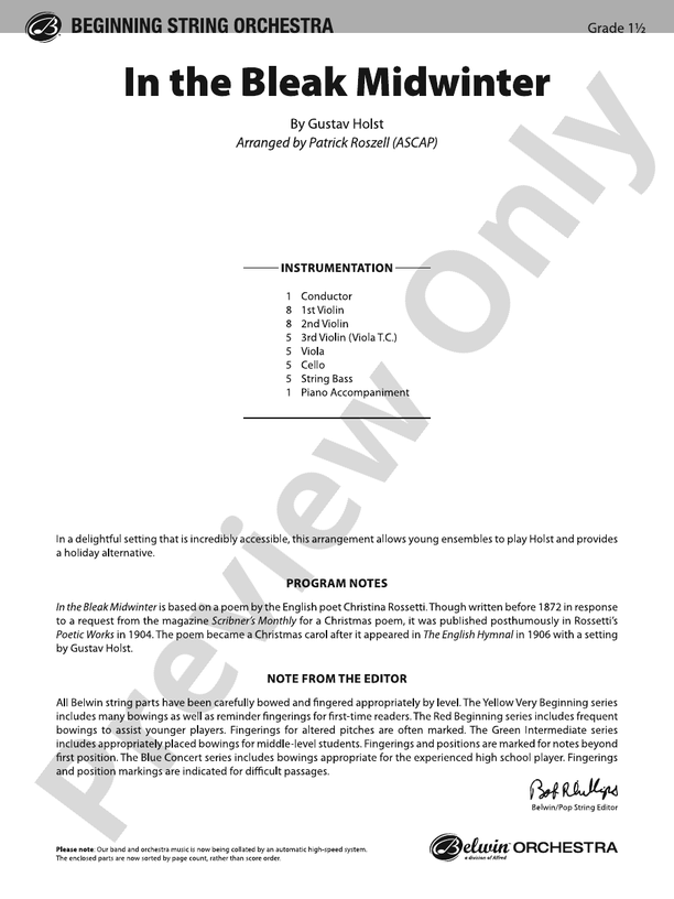 In The Bleak Midwinter Score String Orchestra Score Digital Sheet