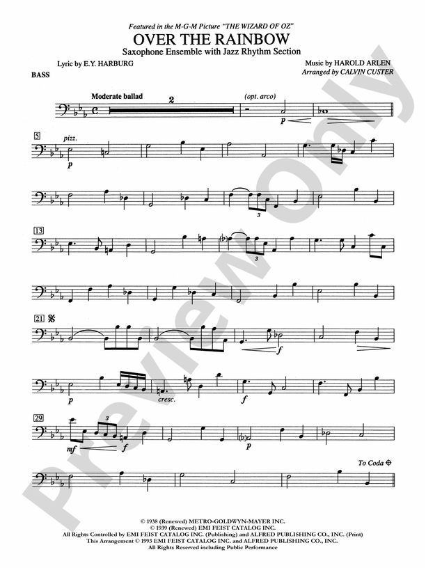 Over The Rainbow String Bass String Bass Part Digital Sheet Music