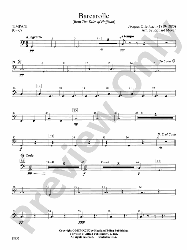 Barcarolle From The Tales Of Hoffman Timpani Timpani Part Digital