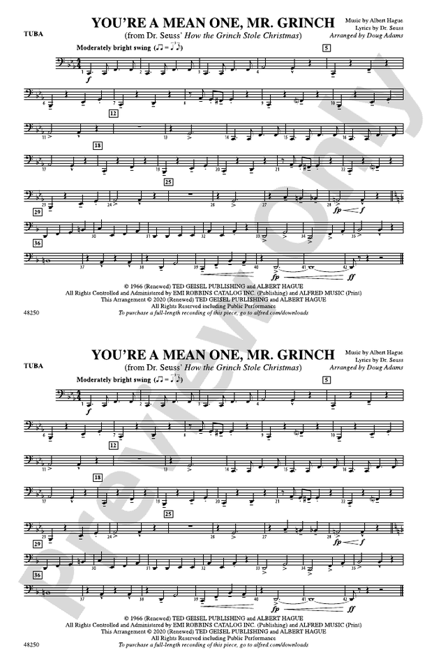 You Re A Mean One Mr Grinch Tuba Tuba Part Digital Sheet Music