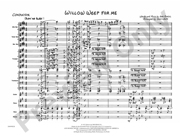 Willow Weep For Me Jazz Ensemble Conductor Score Parts Ann Ronell