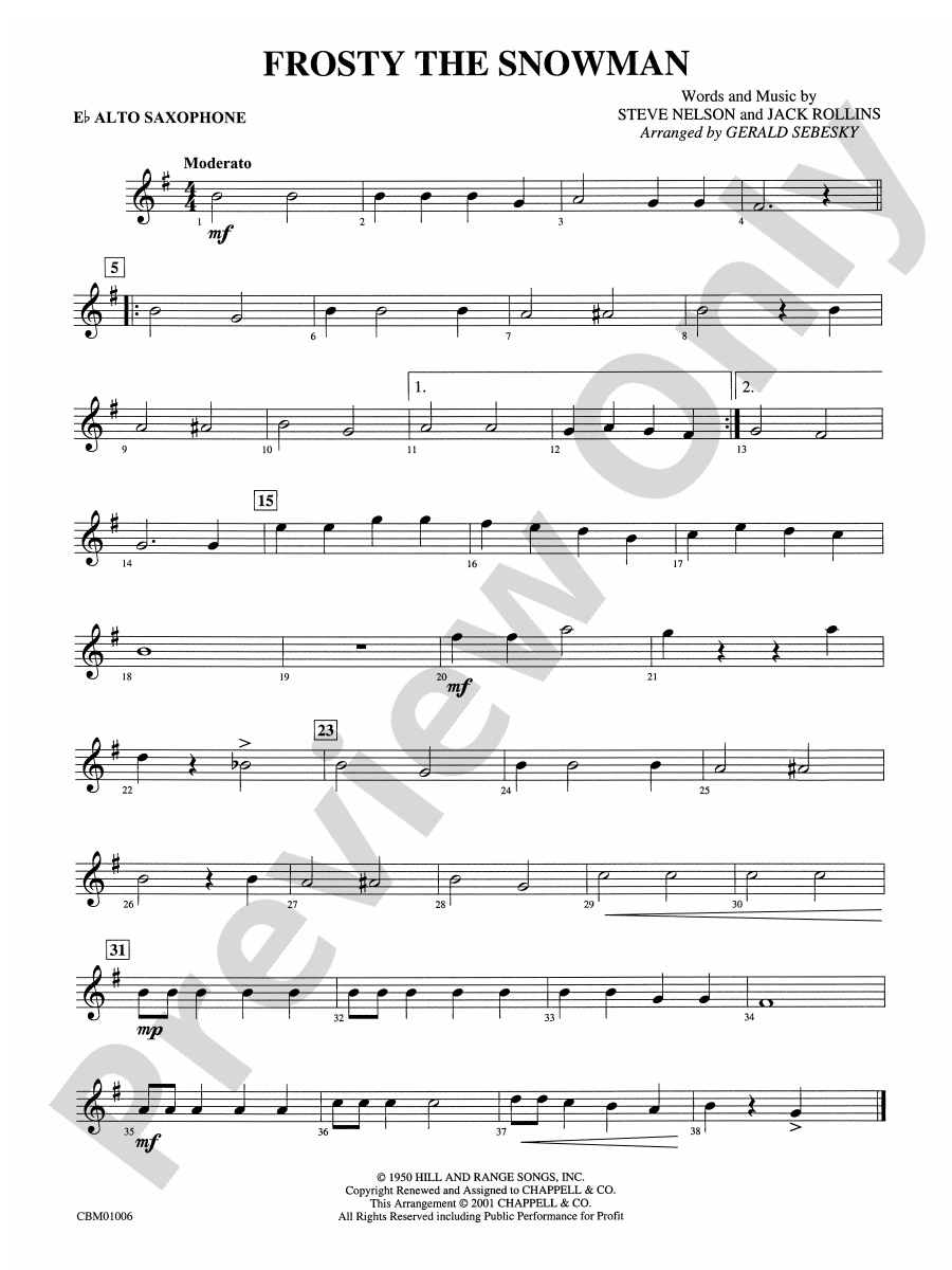 Frosty The Snowman E Flat Alto Saxophone E Flat Alto Saxophone Part