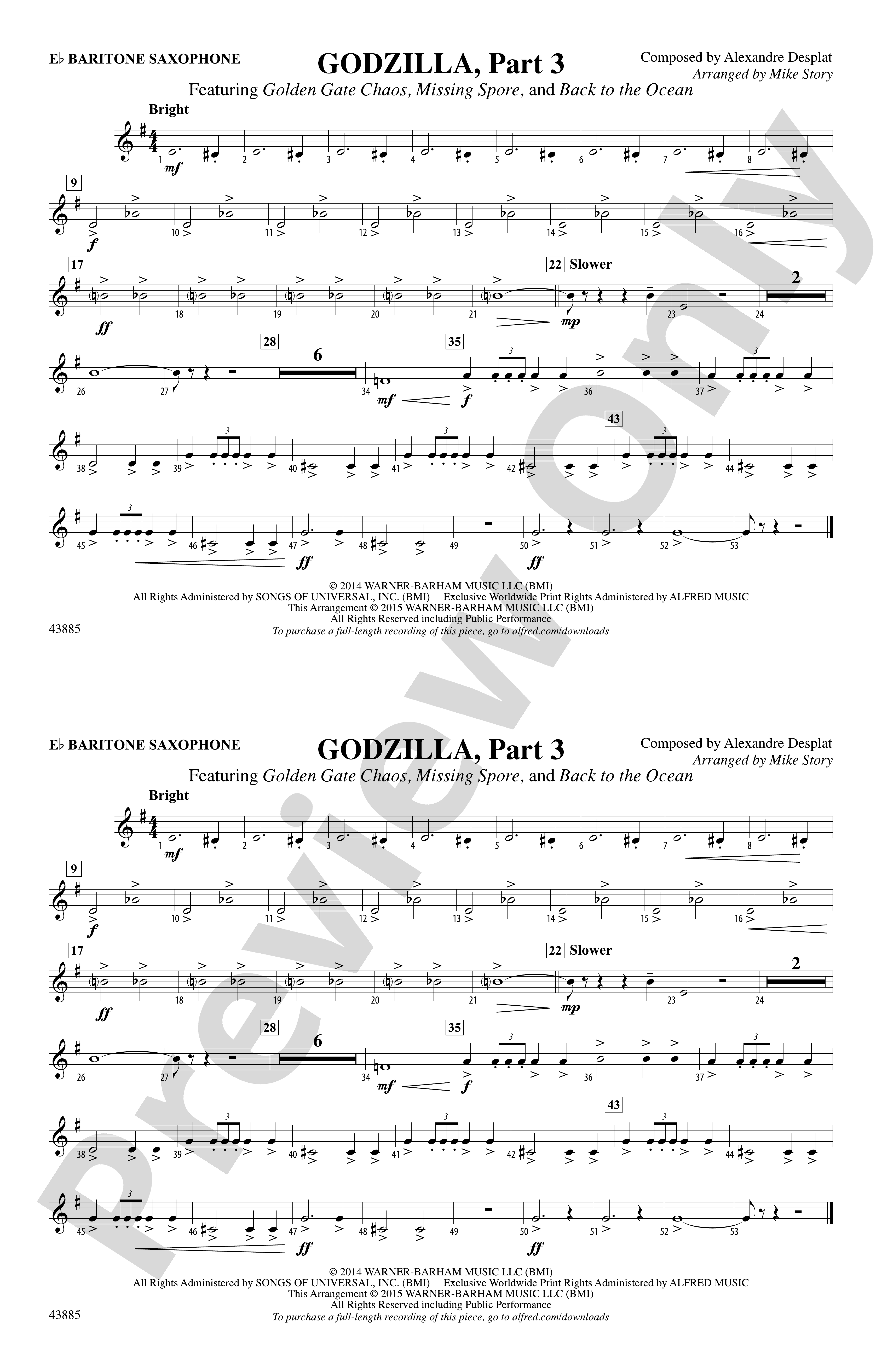 Godzilla Part E Flat Baritone Saxophone E Flat Baritone Saxophone Part Digital Sheet