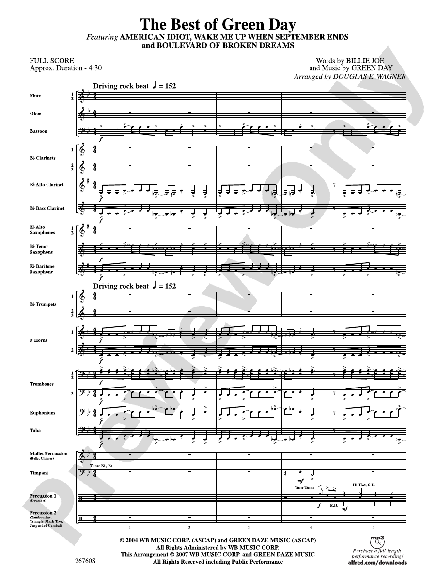 The Best Of Green Day Concert Band Conductor Score Parts Green Day