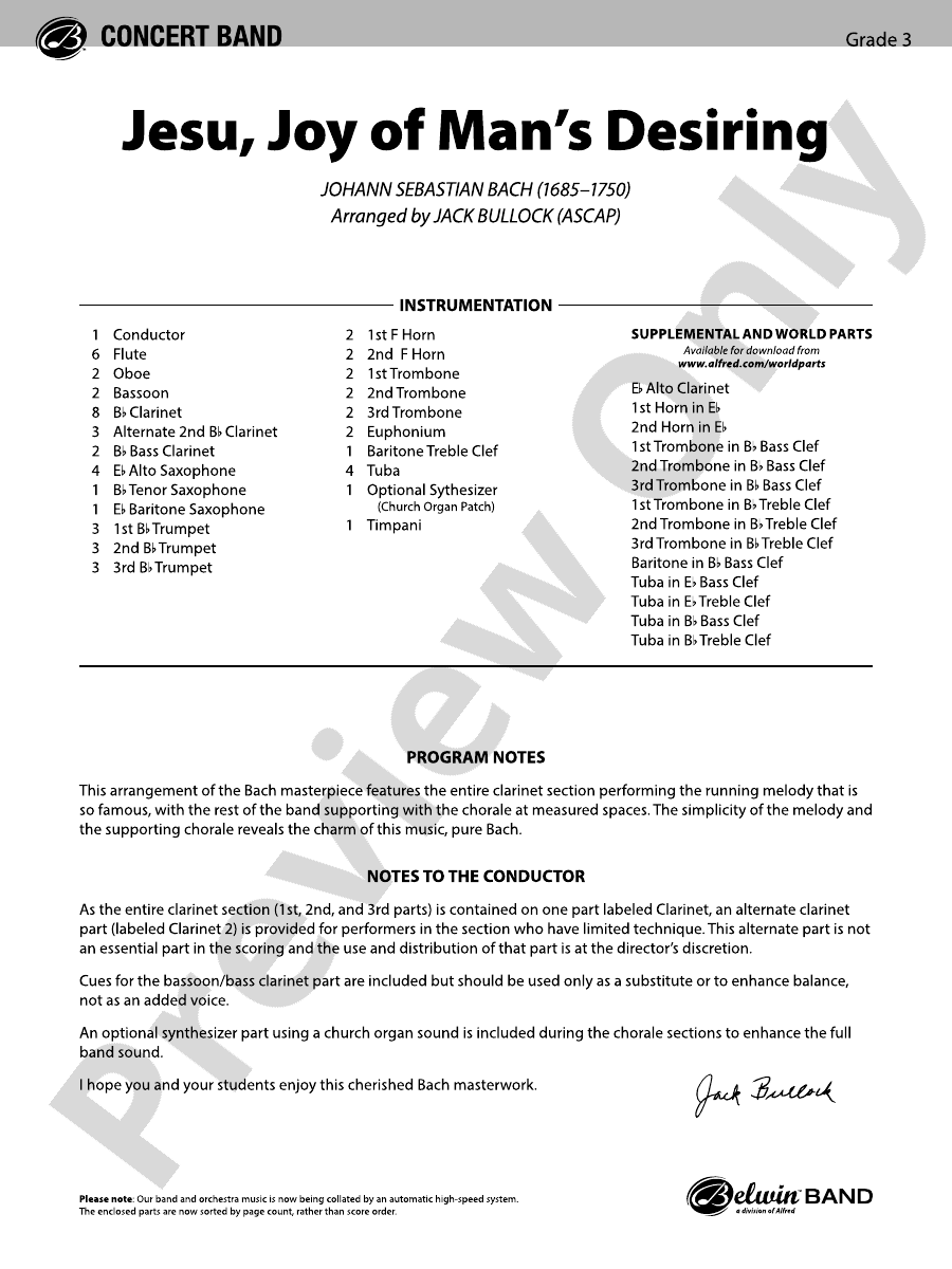 Jesu Joy Of Man S Desiring Concert Band Conductor Score Parts