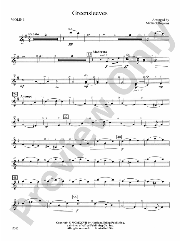 Greensleeves: 1st Violin: 1st Violin Part - Digital Sheet Music Download