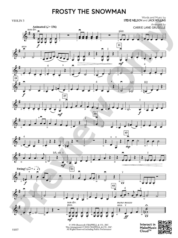 Frosty the Snowman: 3rd Violin (Viola [TC]): 3rd Violin (Viola [TC]) Part - Digital Sheet Music ...