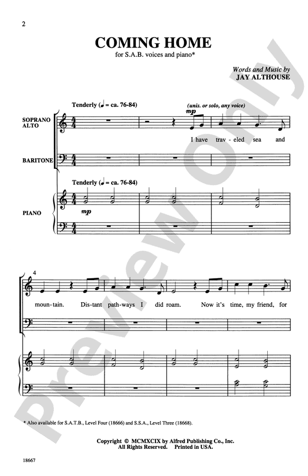 Coming Home: SAB Choral Octavo: Jay Althouse - Digital Sheet Music Download