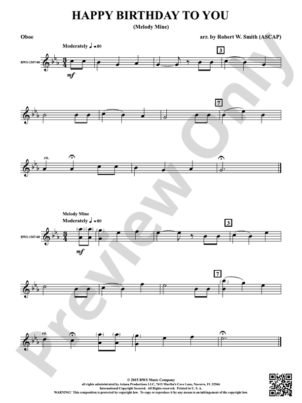 Happy Birthday to You: Oboe: Oboe Part - Digital Sheet Music Download