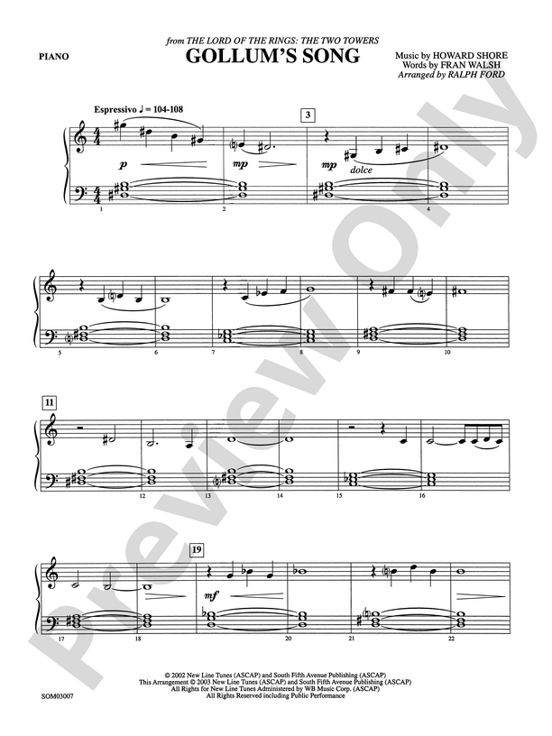 Merecer Afilar Disgusto Gollum's Song (from The Lord of the Rings: The Two Towers): Piano  Accompaniment: Piano Accompaniment Part - Digital Sheet Music Download