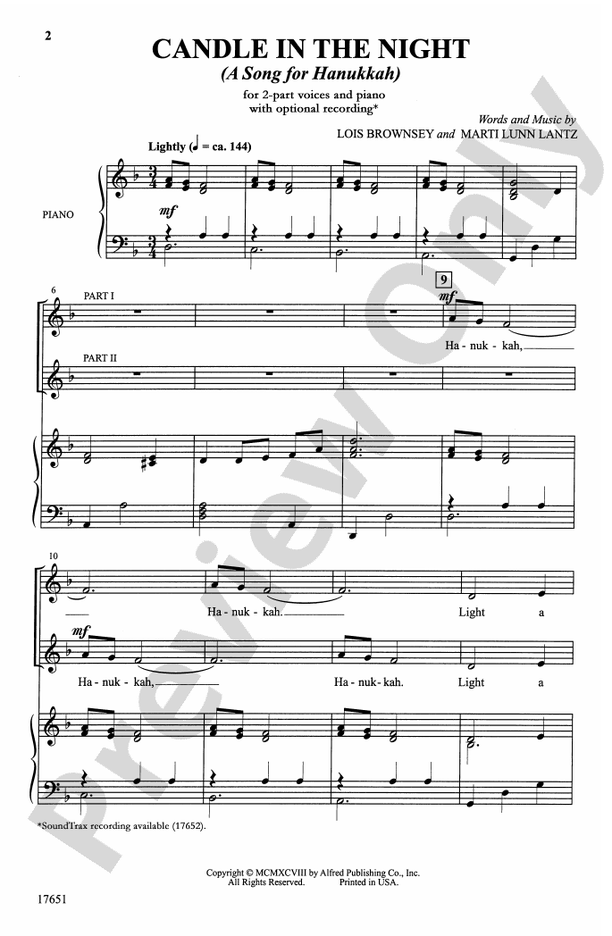 Candle In The Night A Song For Hanukkah 2 Part Choral Octavo Lois