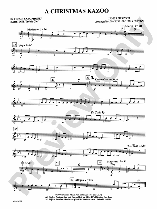 A Christmas Kazoo Bflat Tenor Saxophone Bflat Tenor Saxophone Part