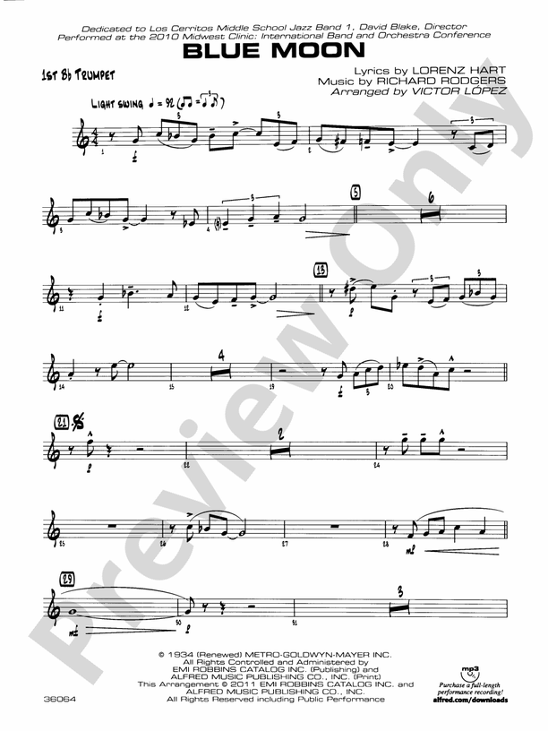 Blue Moon: 1st B-flat Trumpet: 1st B-flat Trumpet Part - Digital Sheet ...