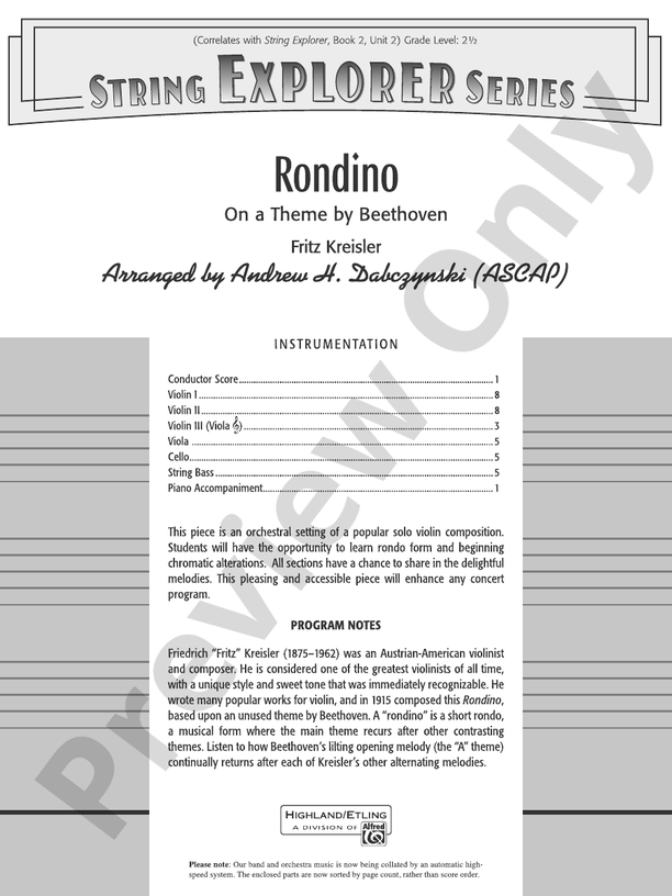 Rondino String Orchestra Conductor Score & Parts Fritz Kreisler