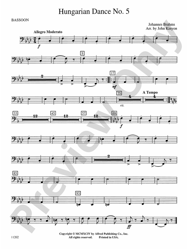 Hungarian Dance No 5 Bassoon Bassoon Part Digital Sheet Music Download