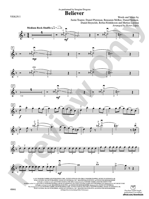 BELIEVER/PCS 1st Violin 1st Violin Part Digital Sheet Music Download