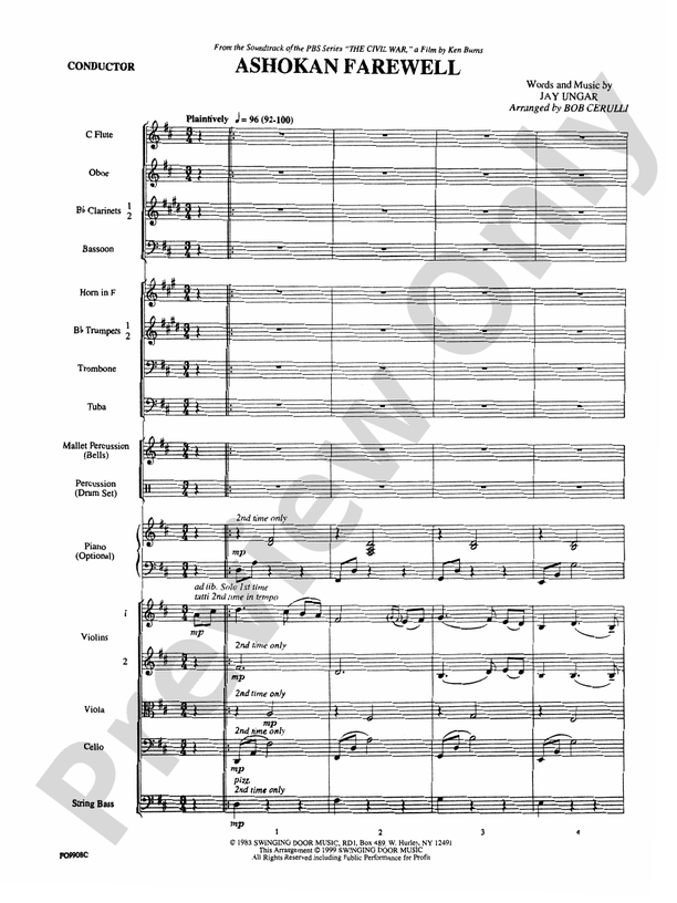 Ashokan Farewell Full Orchestra Conductor Score & Parts Jay Ungar