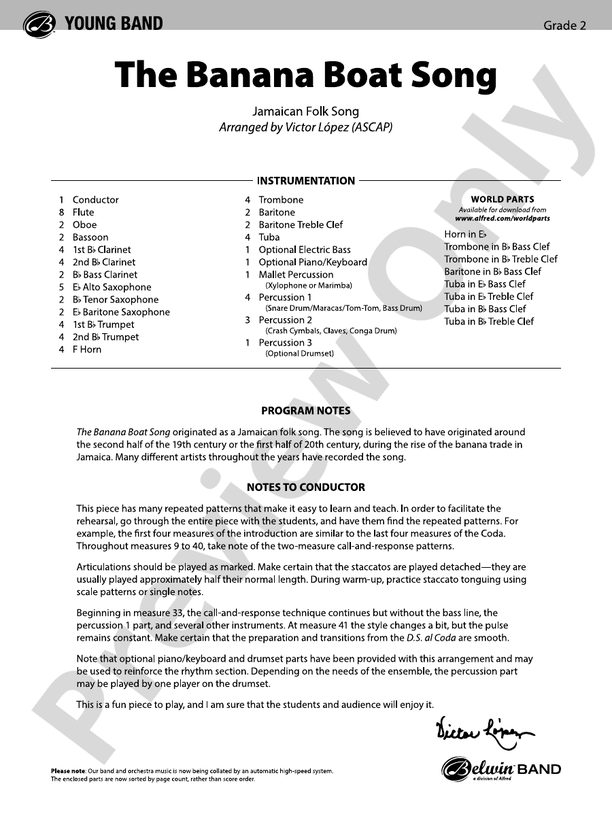 The Banana Boat Song Score Concert Band Score Digital Sheet Music