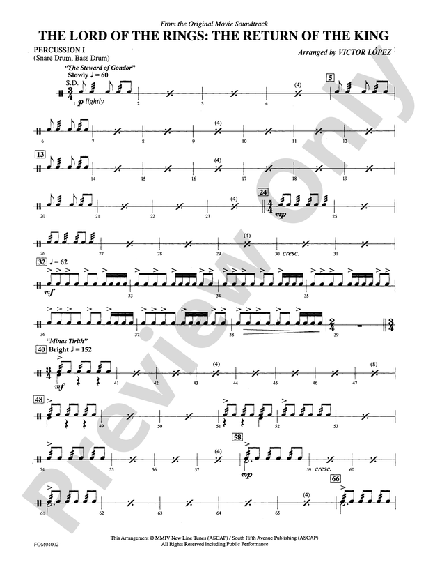 The Lord of the Rings: The Return of the King, Suite from: 1st Percussion