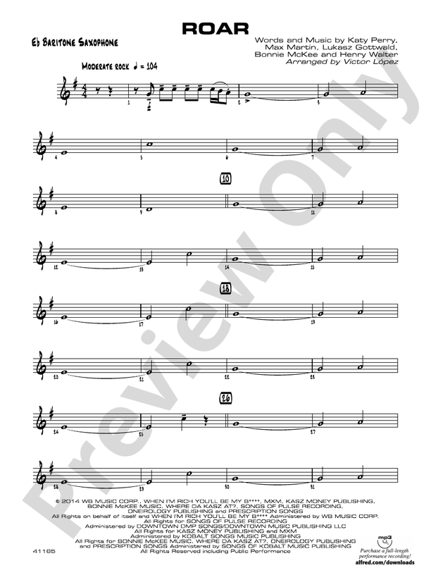 Roar E Flat Baritone Saxophone E Flat Baritone Saxophone Part Digital Sheet Music Download 6367