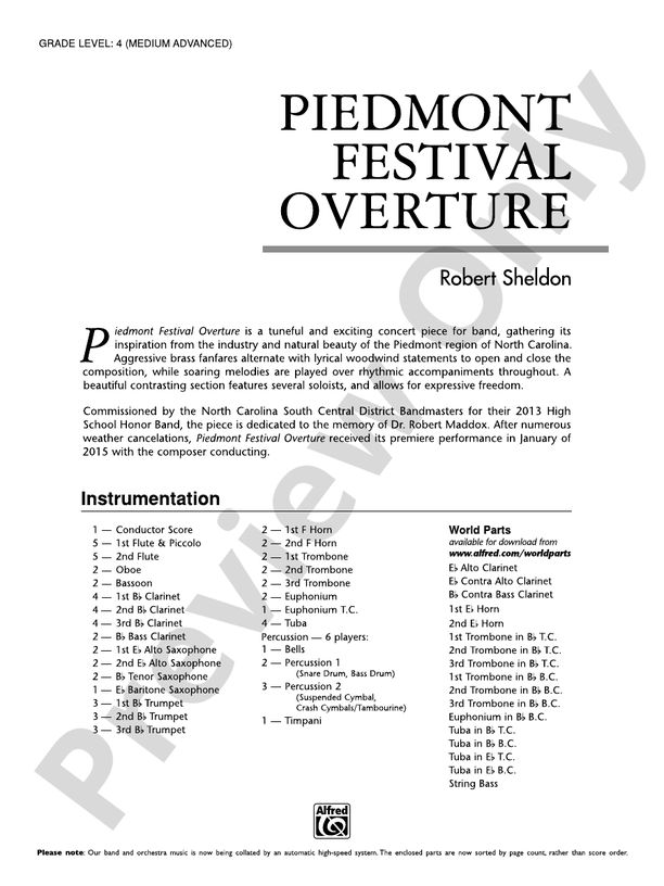 Piedmont Festival Overture Concert Band Conductor Score & Parts