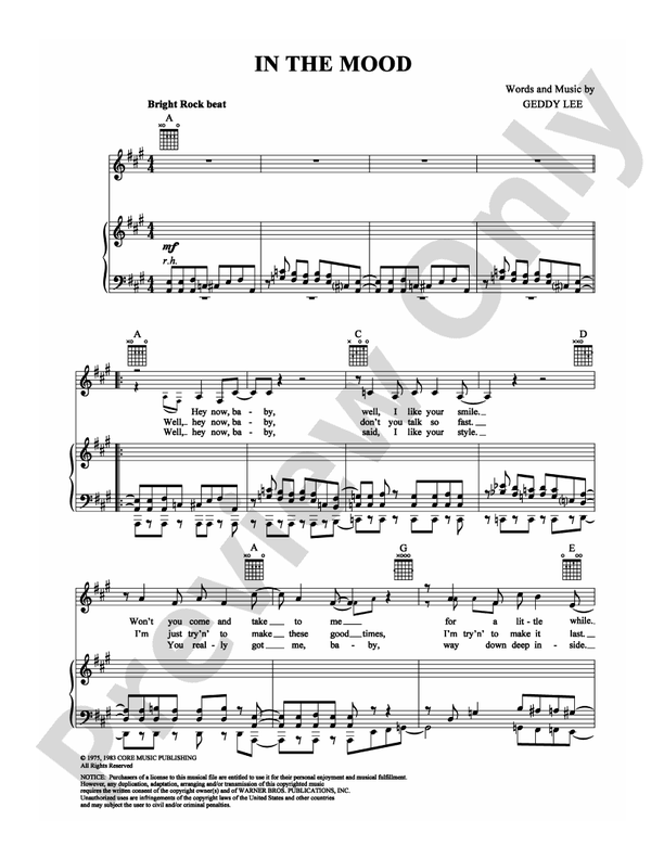 In The Mood: Piano/Vocal/Chords: Rush - Digital Sheet Music Download