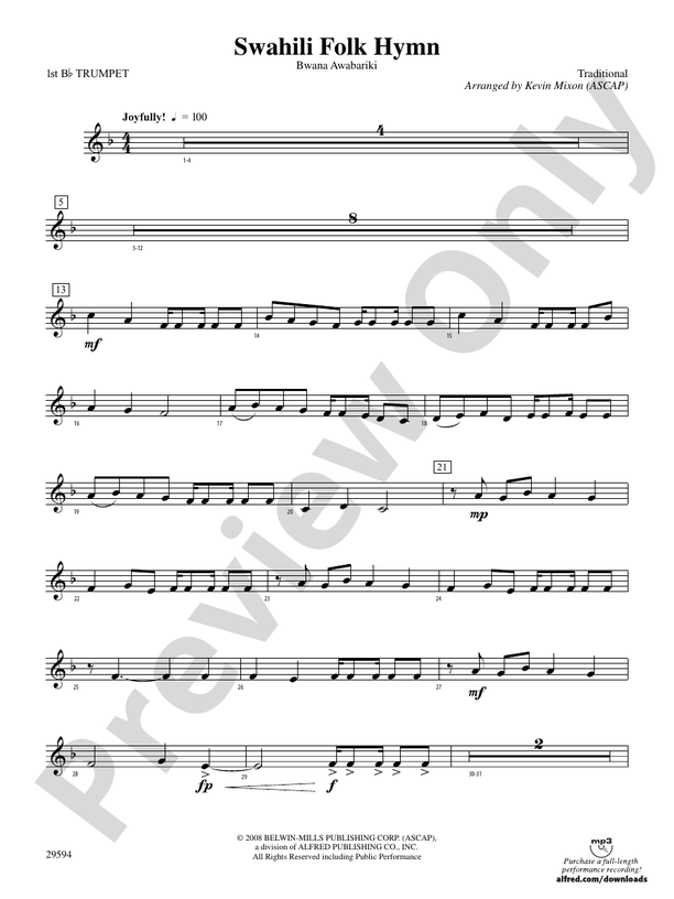 Swahili Folk Hymn (Bwana Awabariki) 1st Bflat Trumpet 1st Bflat