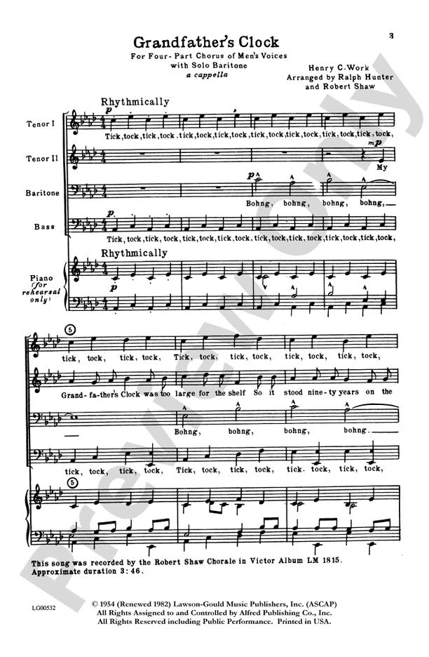 Grandfather's Clock TTBB Choral Octavo Henry C. Work Digital Sheet