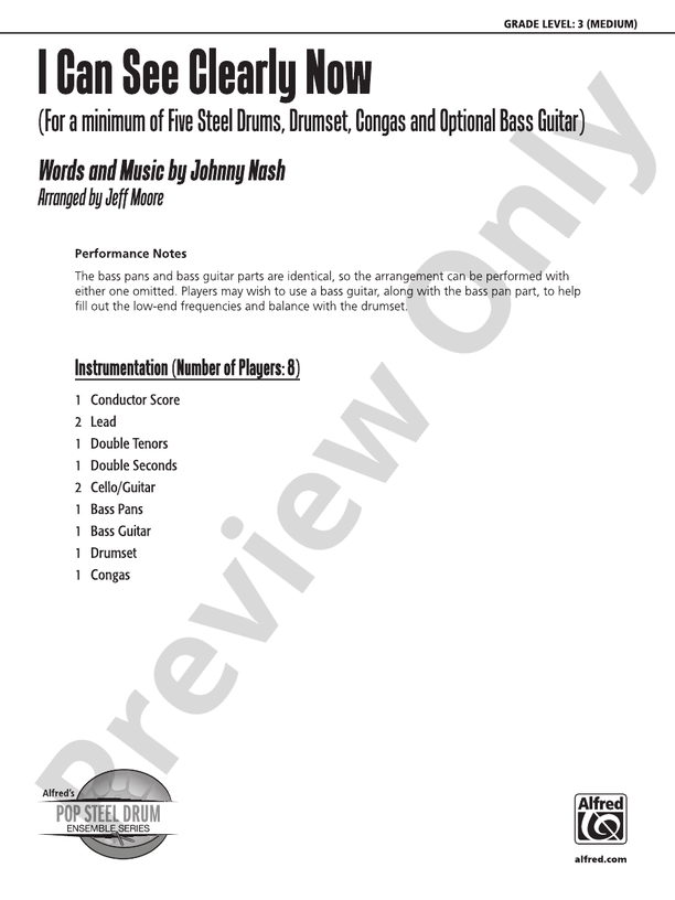 I Can See Clearly Now Steel Drum Conductor Score & Parts Johnny Nash