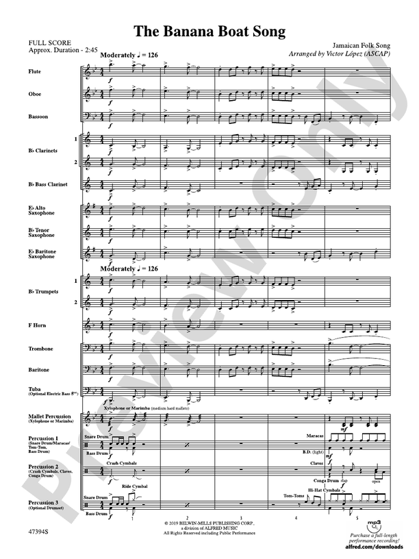 The Banana Boat Song Score Concert Band Score Digital Sheet Music