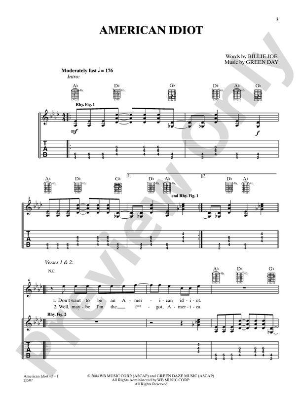 American Idiot Guitar Green Day Digital Sheet Music Download