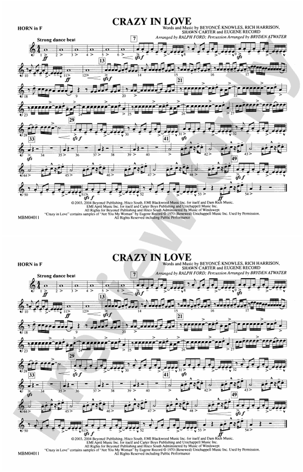 Crazy In Love: 1st B-flat Trumpet: 1st B-flat Trumpet Part - Digital Sheet  Music Download