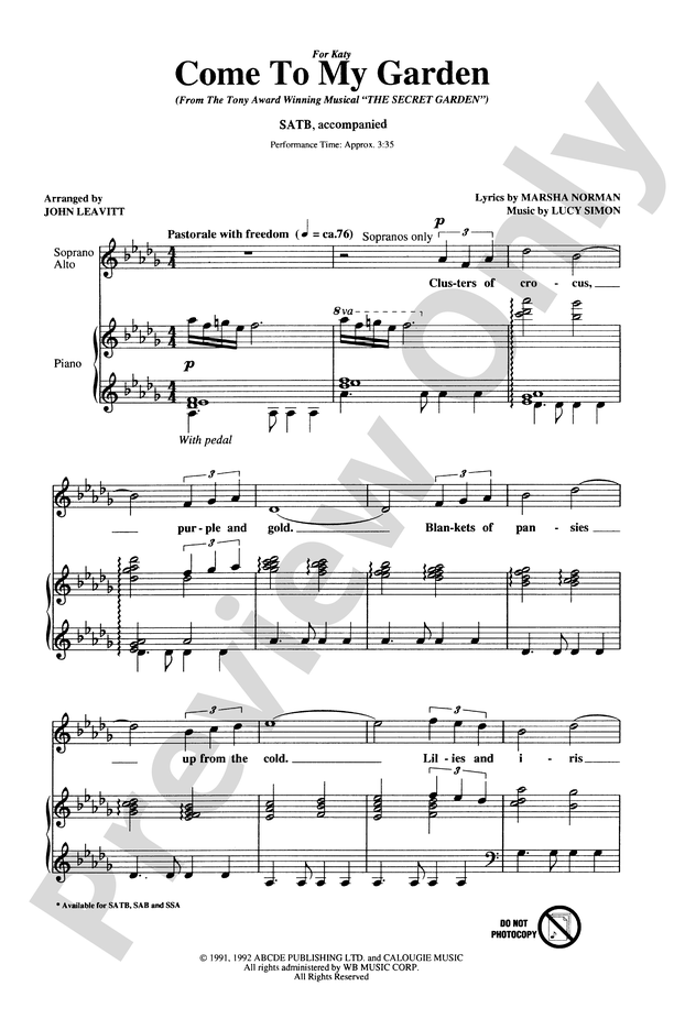 Come To My Garden (from The Secret Garden): SATB Choral Octavo: Marsha ...