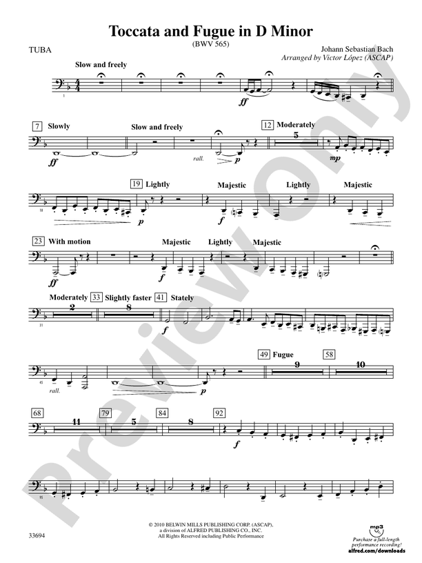 Toccata And Fugue In D Minor Tuba Tuba Part Digital Sheet Music 