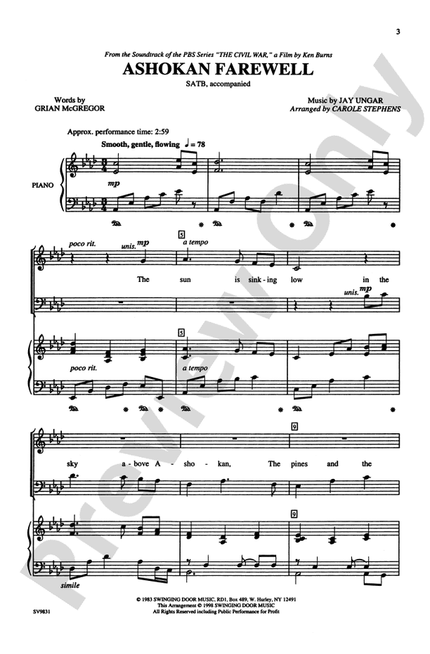 Ashokan Farewell (from "The Civil War," a Film by Ken Burns) SATB Choral Octavo Jay Ungar