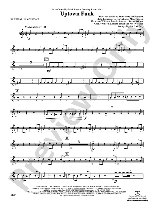 Uptown Funk Bflat Tenor Saxophone Bflat Tenor Saxophone Part