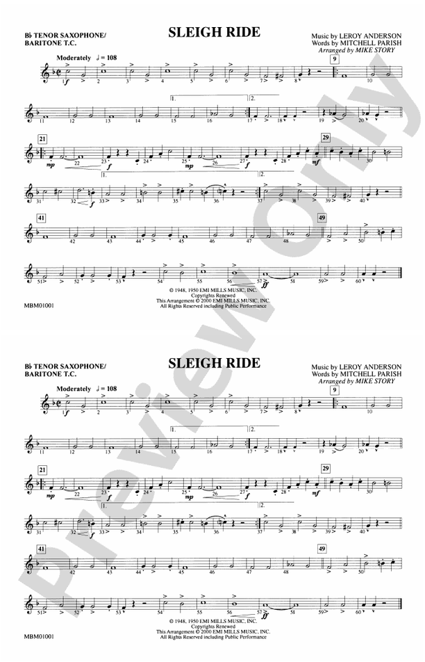 Sleigh Ride Bb Tenor Saxophone/Bartione Treble Clef Bb Tenor