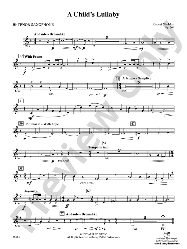 A Child's Lullaby: B-flat Tenor Saxophone