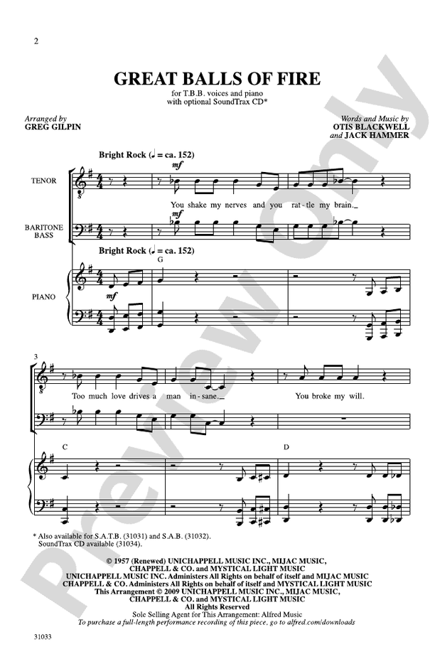 Great Balls of Fire TBB Choral Octavo Jack Hammer Digital Sheet