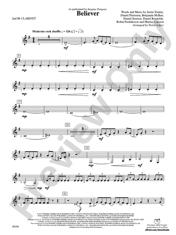Believer: 2nd B-flat Clarinet: 2nd B-flat Clarinet Part - Digital Sheet ...
