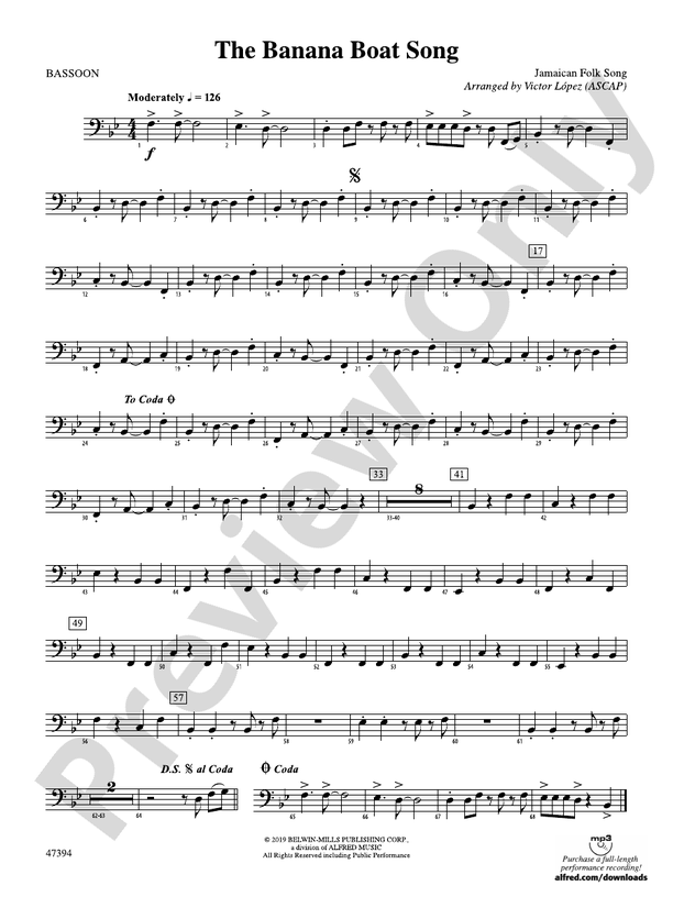 The Banana Boat Song Bassoon Bassoon Part Digital Sheet Music Download