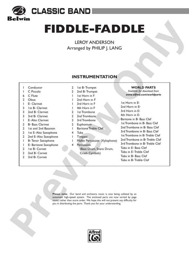 FiddleFaddle Concert Band Conductor Score & Parts Leroy Anderson