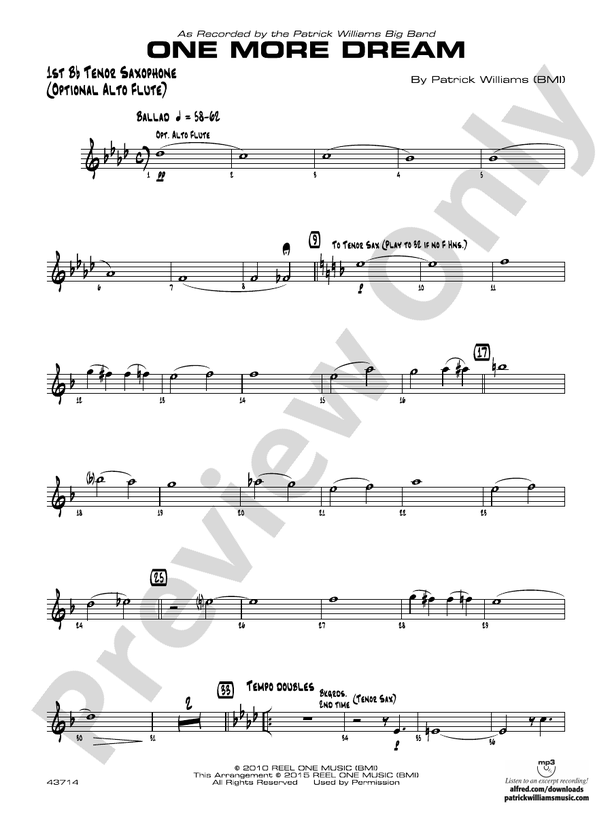 One More Dream Bflat Tenor Saxophone Bflat Tenor Saxophone Part