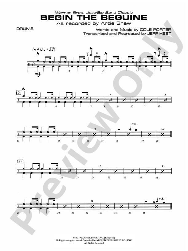 Begin the Beguine Drums Drums Part Digital Sheet Music Download