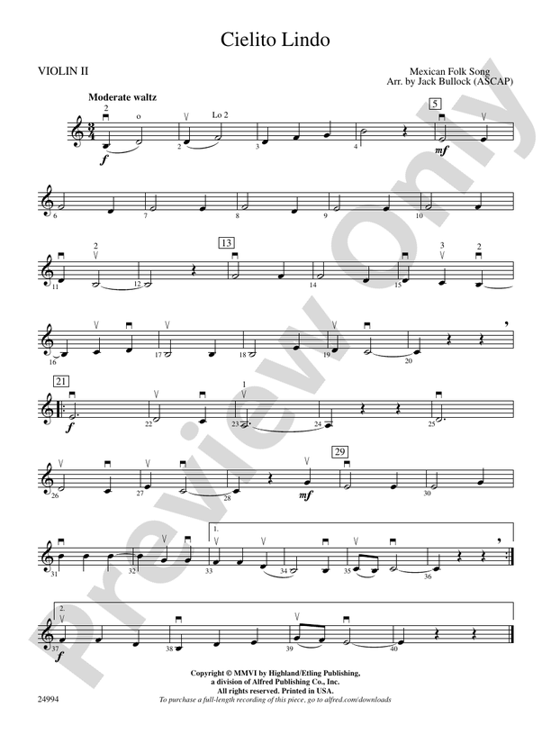 Cielito Lindo 2nd Violin 2nd Violin Part Digital Sheet Music Download 9416