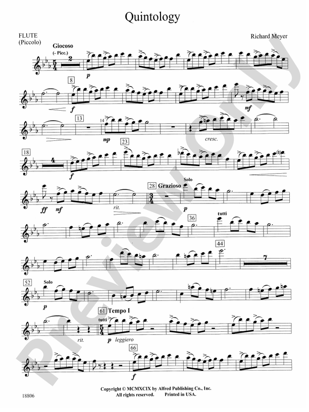 Quintology Flute Flute Part Digital Sheet Music Download