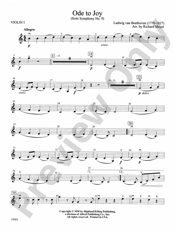 Ode To Joy From Symphony No 9 1st Violin 1st Violin Part Digital Sheet Music Download 5871